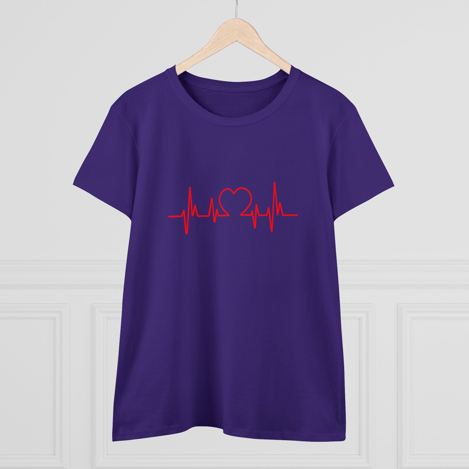 Purple heartbeat graphic t-shirt with red heart and pulse line design by Printify