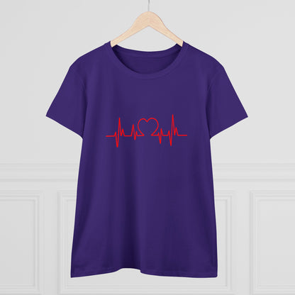 Purple heartbeat graphic t-shirt with red heart and pulse line design by Printify