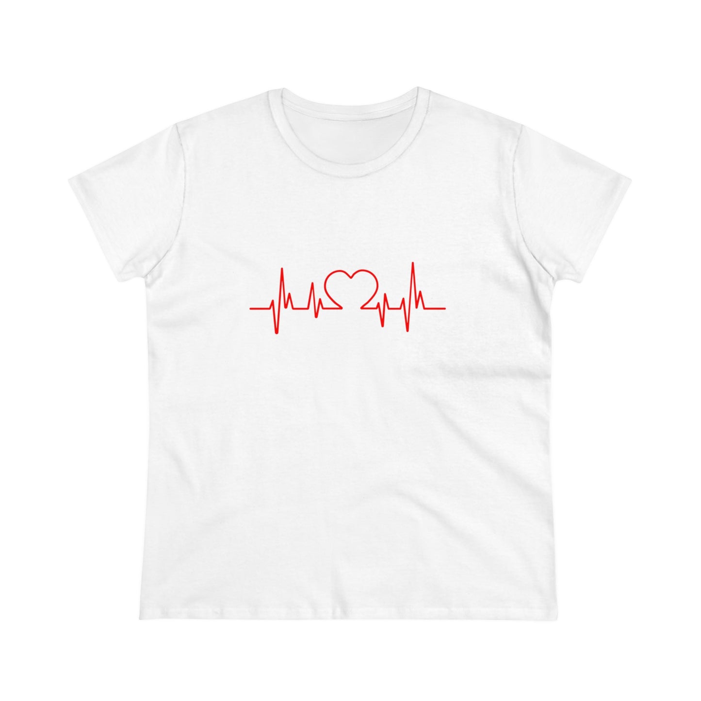 White Printify t-shirt with red heartbeat graphic t-shirt design featuring heart and pulse lines