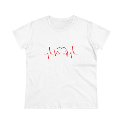 White Printify t-shirt with red heartbeat graphic t-shirt design featuring heart and pulse lines