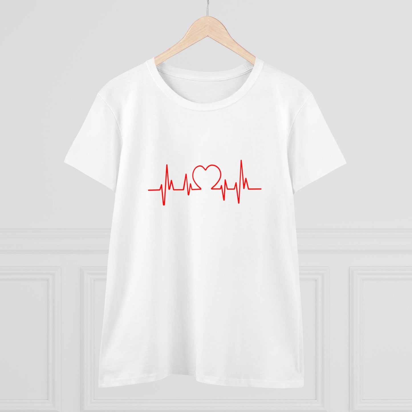 White Printify heartbeat graphic t-shirt with red heart and electrocardiogram line design
