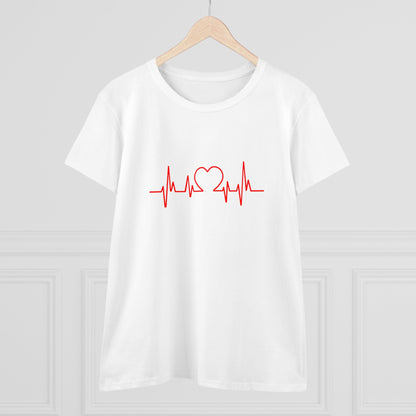 White Printify heartbeat graphic t-shirt with red heart and electrocardiogram line design