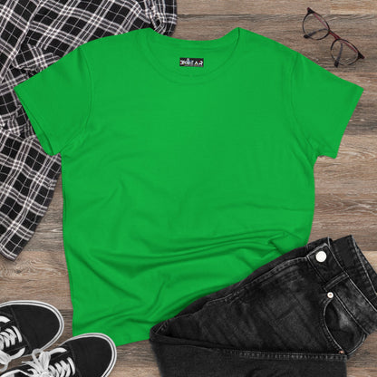 Green heliconia t-shirt women laid flat with black jeans plaid shirt and sneakers