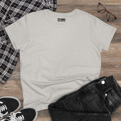 Plain light gray heliconia t-shirt women styled with black jeans black sneakers and a checkered shirt