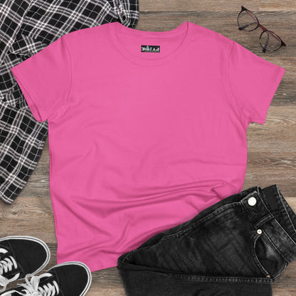 Pink heliconia t-shirt women flat lay with black jeans, checkered shirt, glasses, and black sneakers