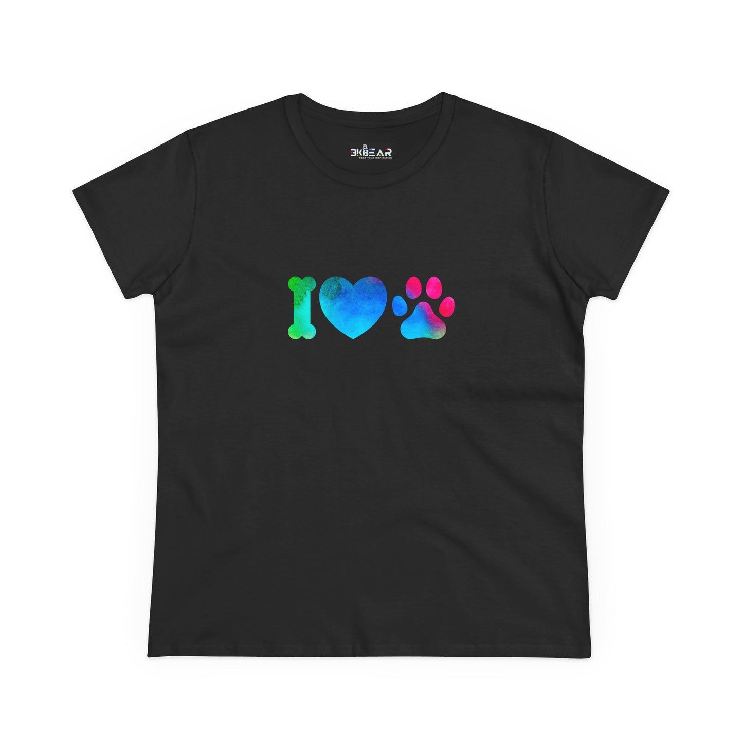 Black Printify T-shirt with colorful I heart paws shirt design featuring bone heart and paw print
