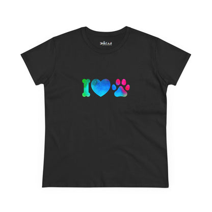 Black Printify T-shirt with colorful I heart paws shirt design featuring bone heart and paw print