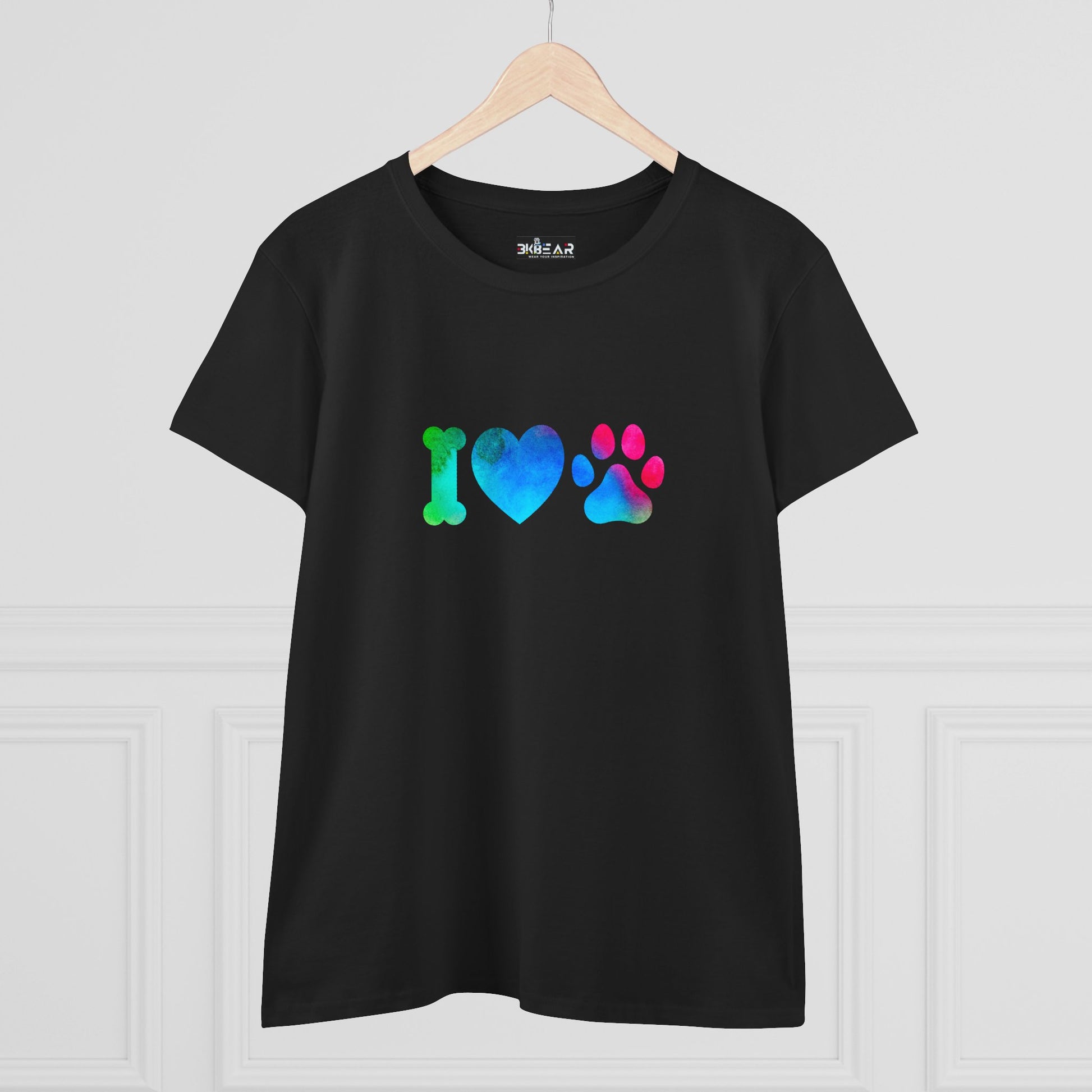 Black Printify T-shirt featuring colorful I heart paws shirt graphic with bone heart and paw print