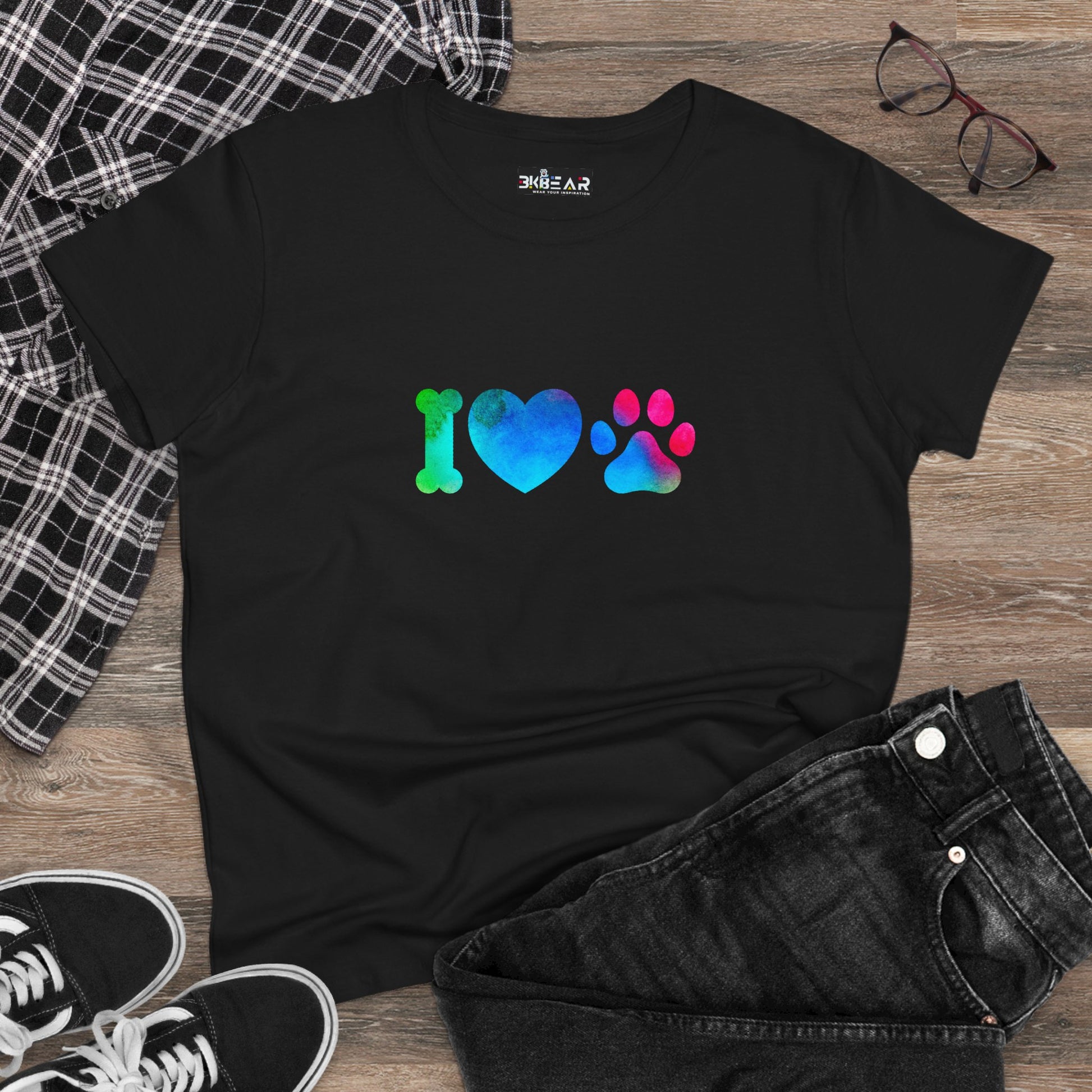 Black I heart paws shirt with colorful bone heart and paw print design laid flat with jeans shoes and glasses