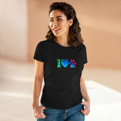 Black I heart paws shirt with colorful bone heart and paw print design worn by woman