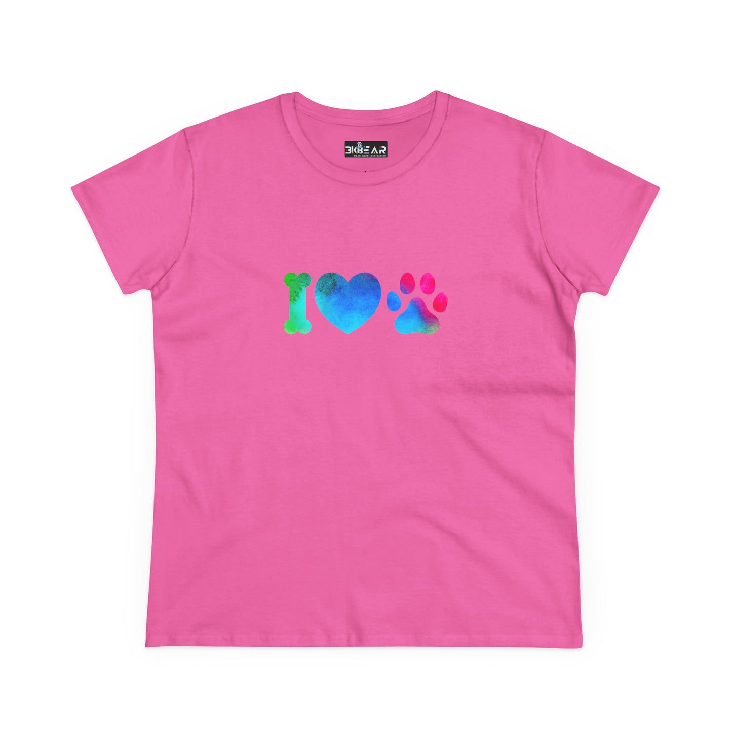 Pink Printify I heart paws shirt with blue and green bone heart paw design for pet lovers