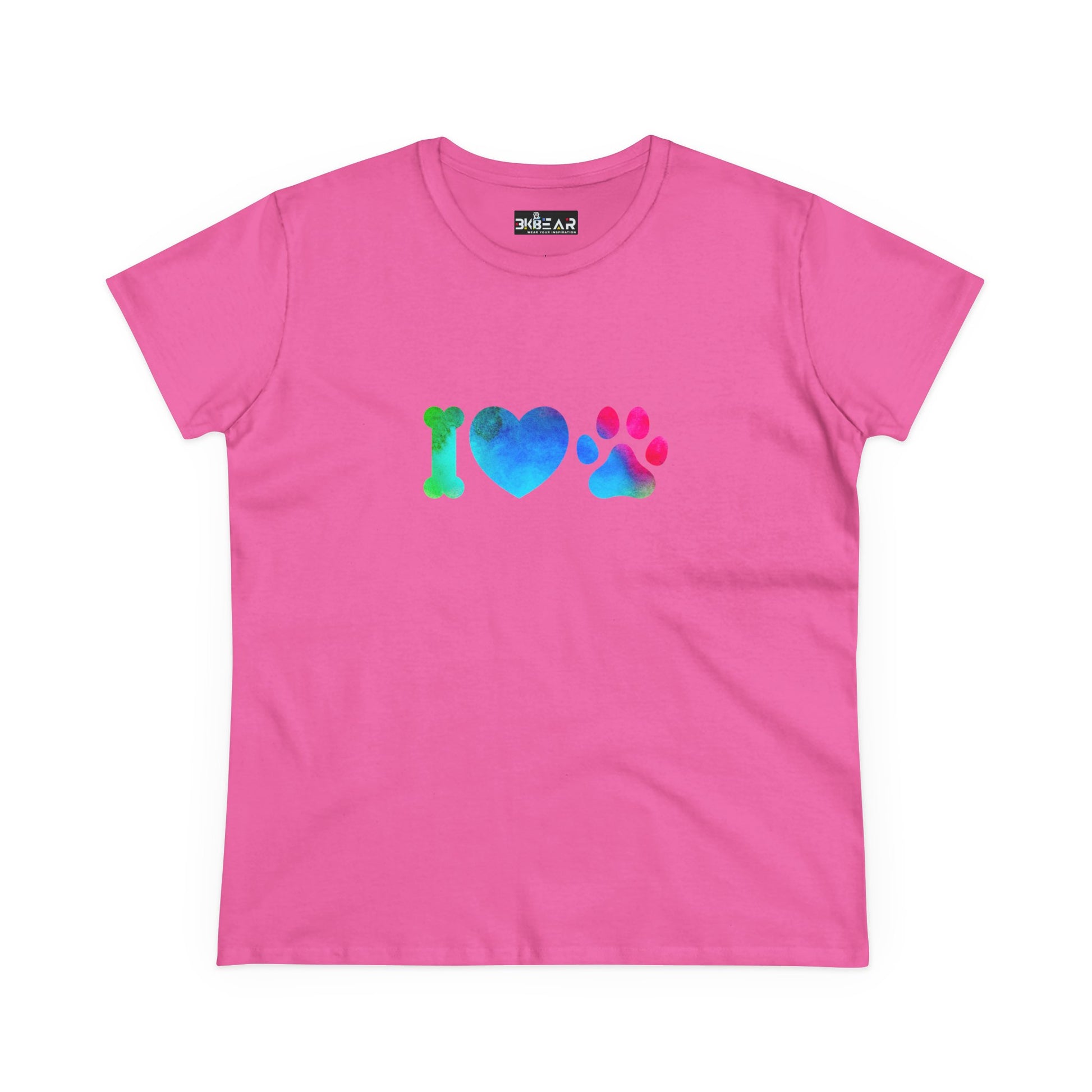 Pink Printify I heart paws shirt with blue and green bone heart paw design for pet lovers