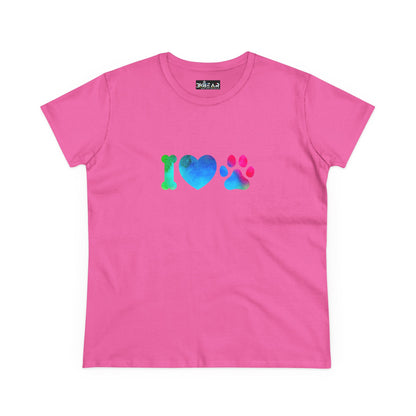 Pink Printify I heart paws shirt with blue and green bone heart paw design for pet lovers