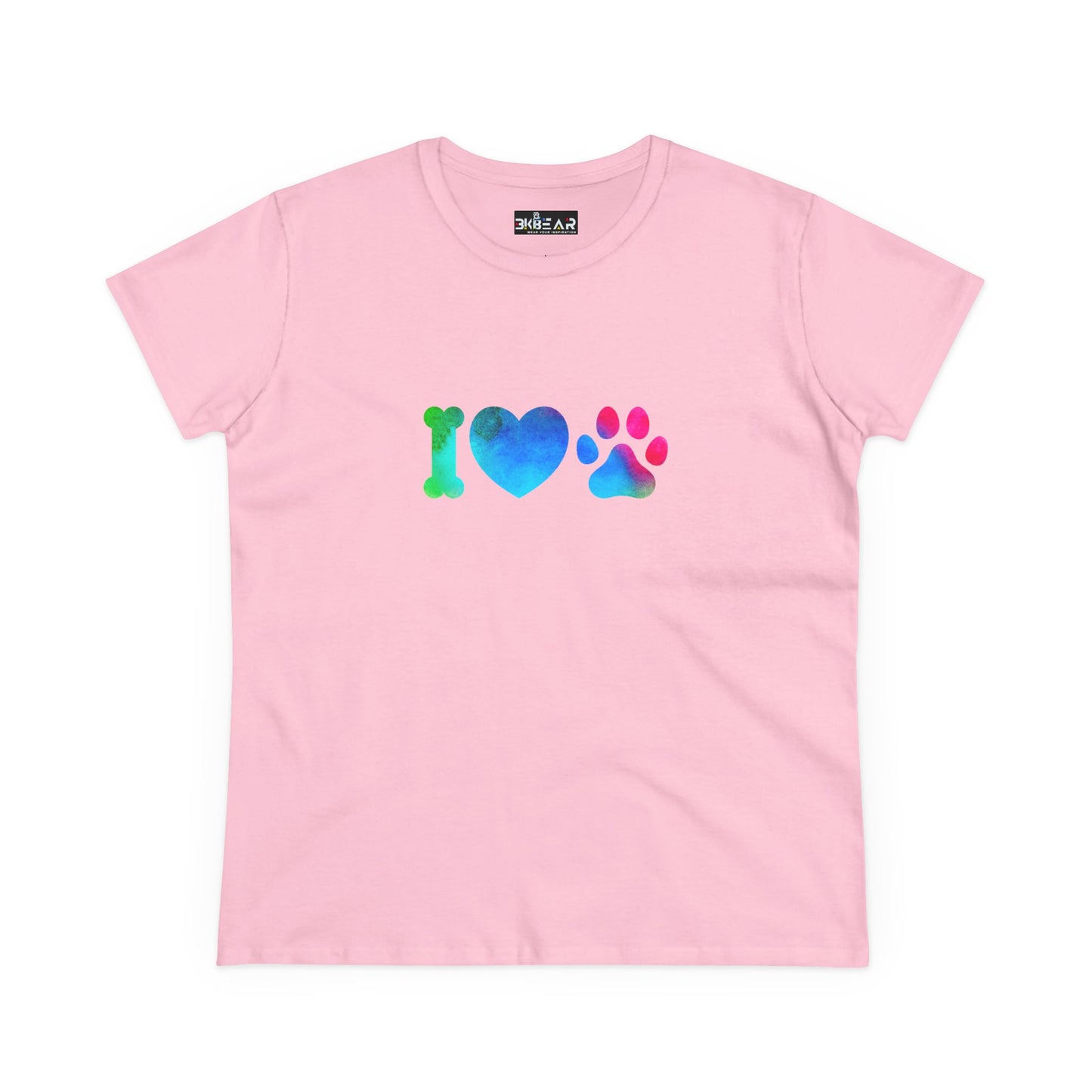 Pink Printify T-shirt with colorful I heart paws shirt design featuring bone, heart, and paw print