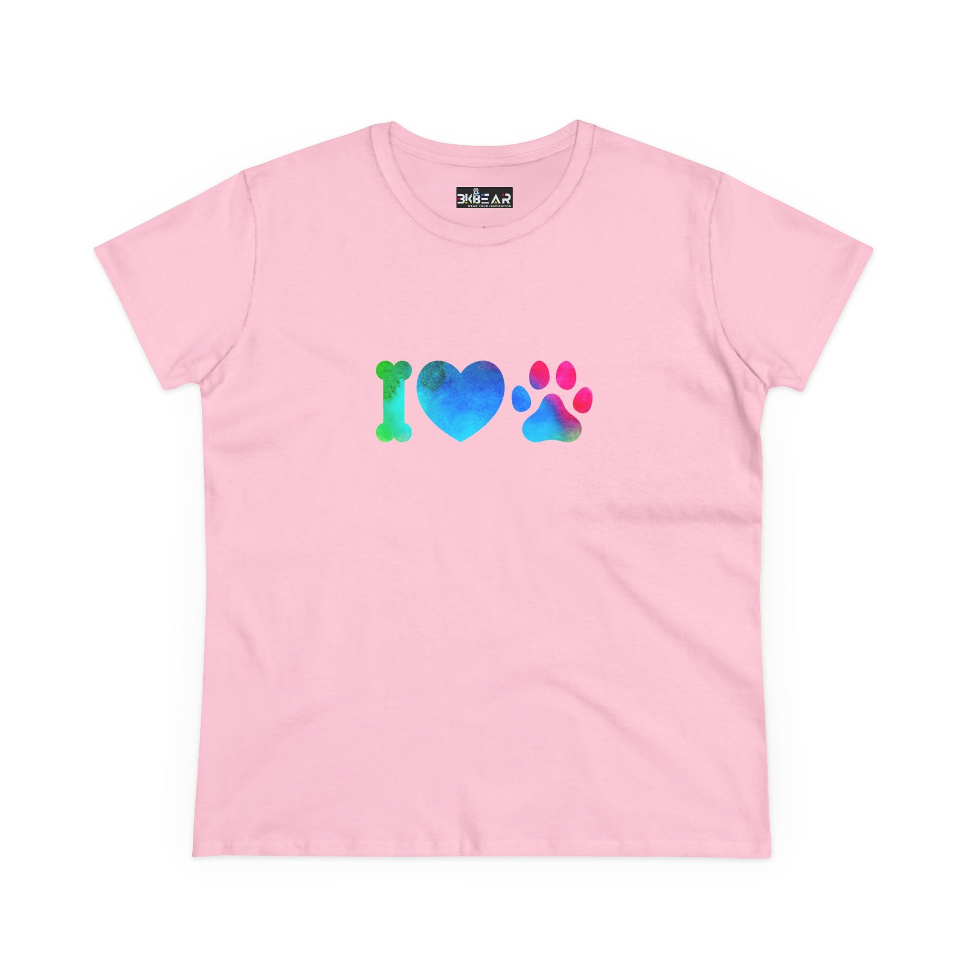 Pink Printify T-shirt with colorful I heart paws shirt design featuring bone, heart, and paw print