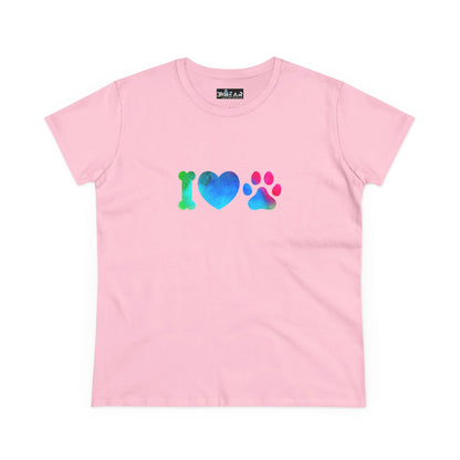 Pink Printify T-shirt with colorful I heart paws shirt design featuring bone, heart, and paw print