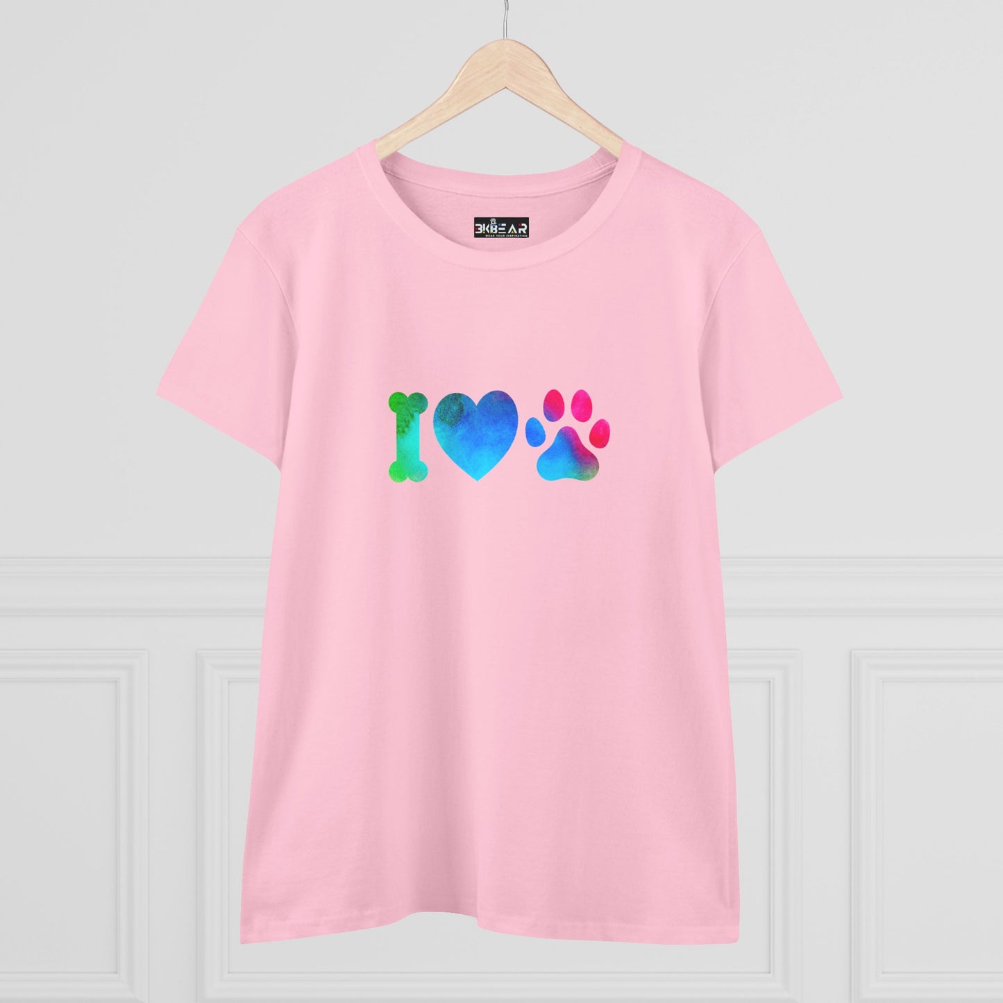 Pink Printify I heart paws shirt with colorful bone heart and paw print design