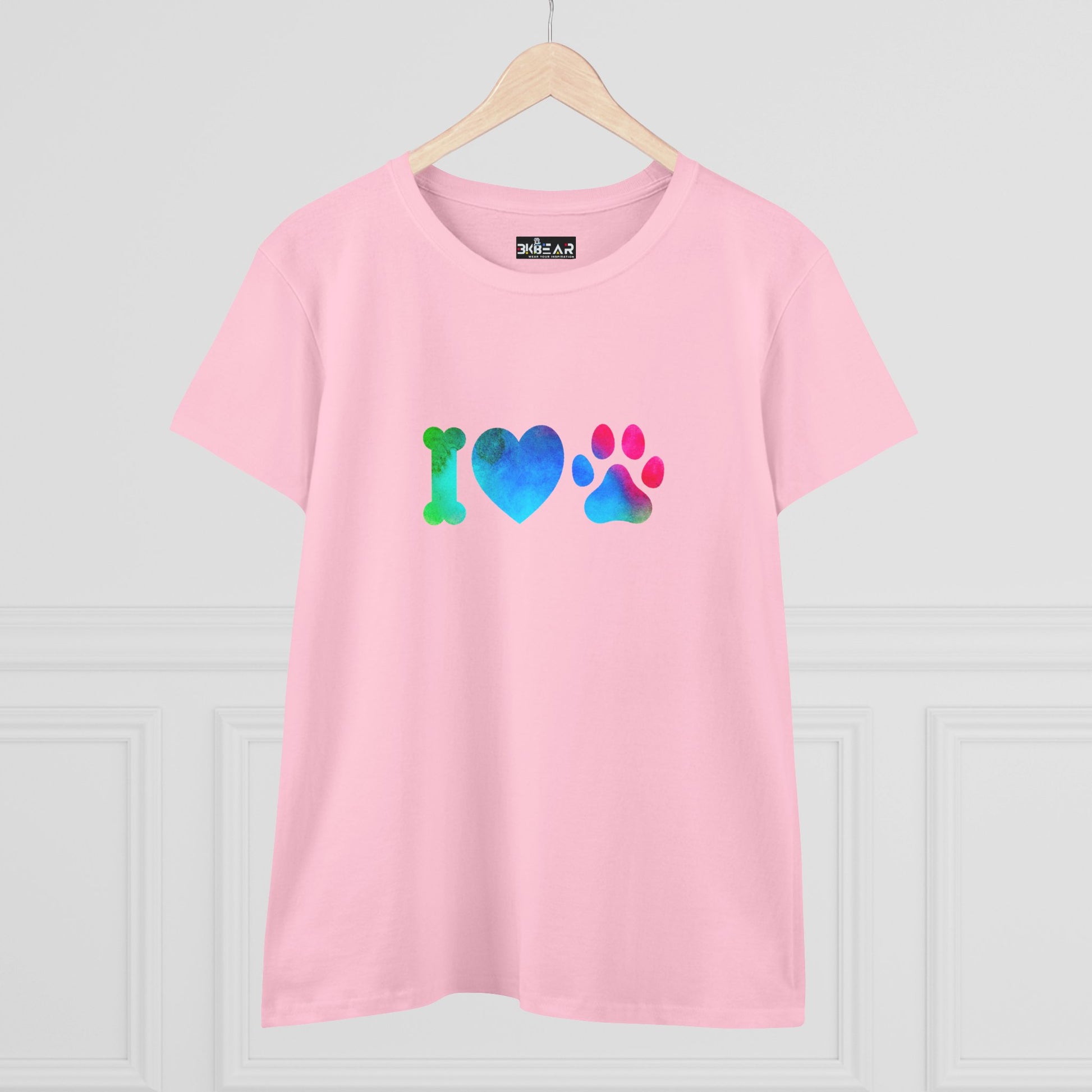 Pink Printify I heart paws shirt with colorful bone heart and paw print design