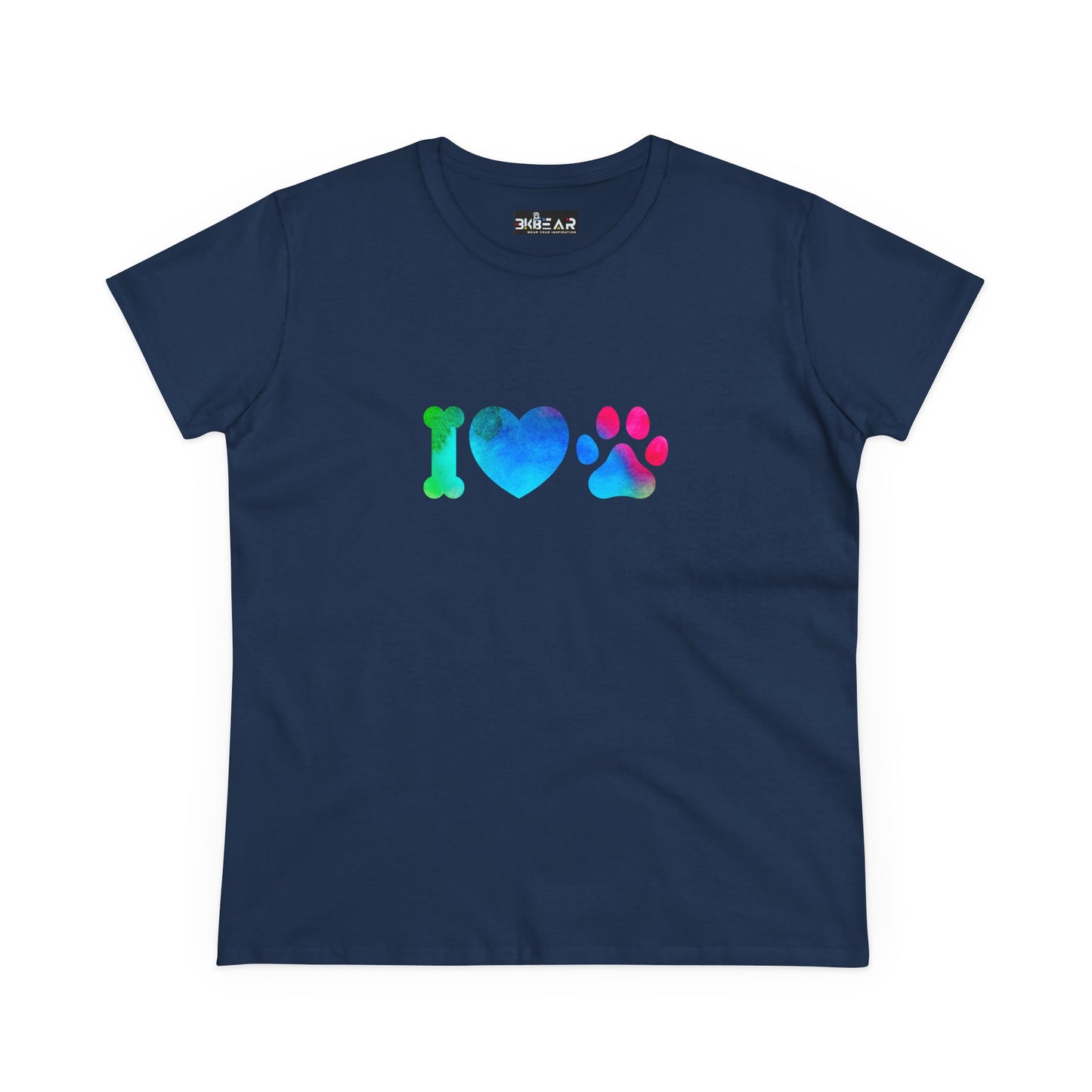 Navy blue Printify T-shirt with colorful I heart paws shirt design featuring bone heart and paw print