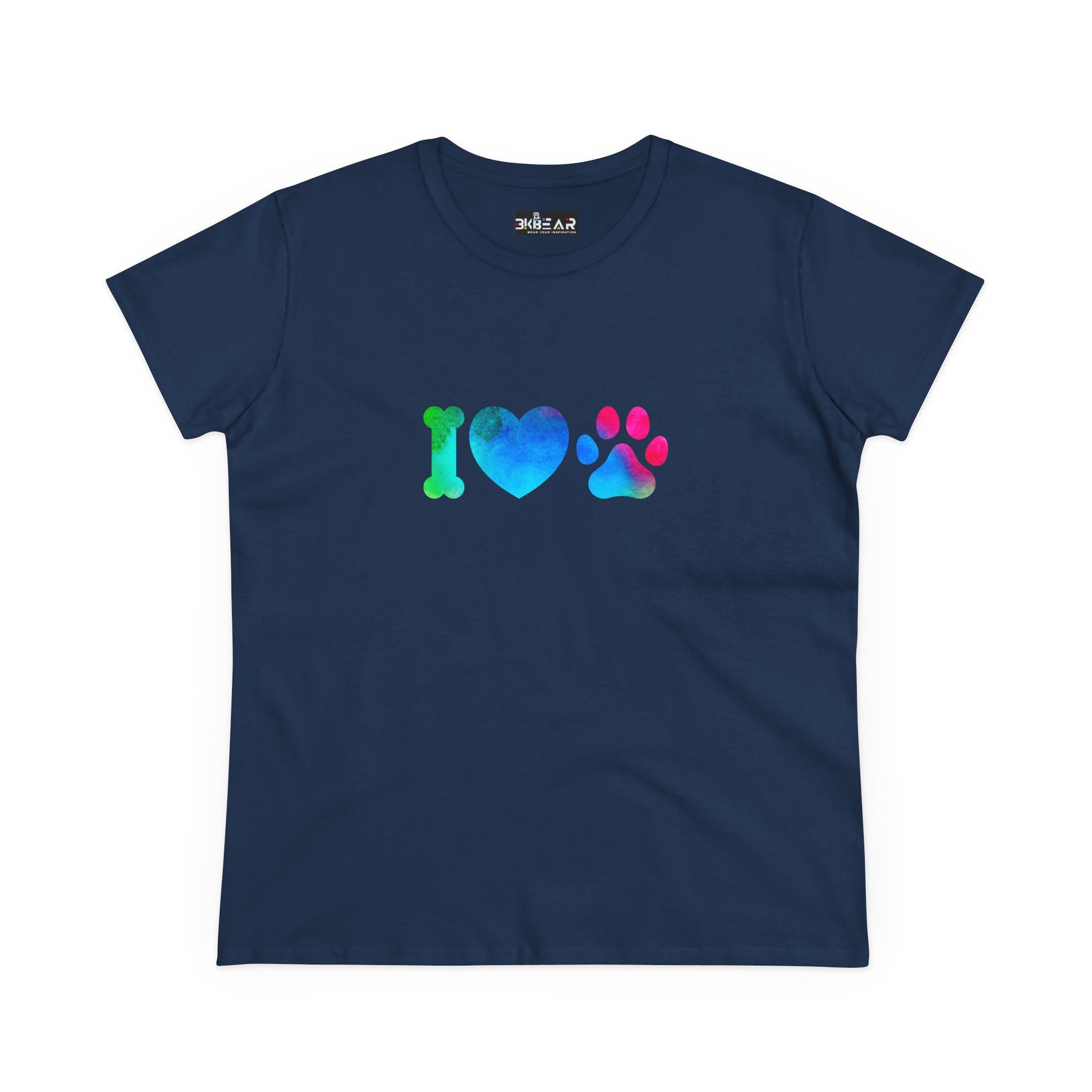 Navy blue Printify T-shirt with colorful I heart paws shirt design featuring bone heart and paw print