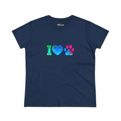 Navy blue Printify T-shirt with colorful I heart paws shirt design featuring bone heart and paw print