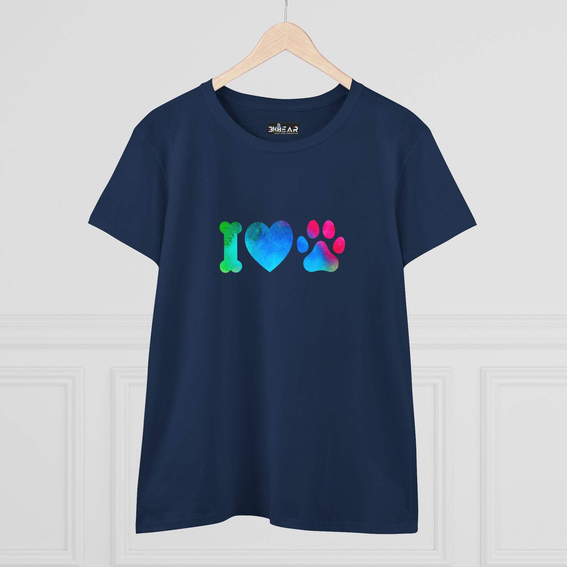 Navy blue I heart paws shirt with colorful bone, heart, and paw print design on front