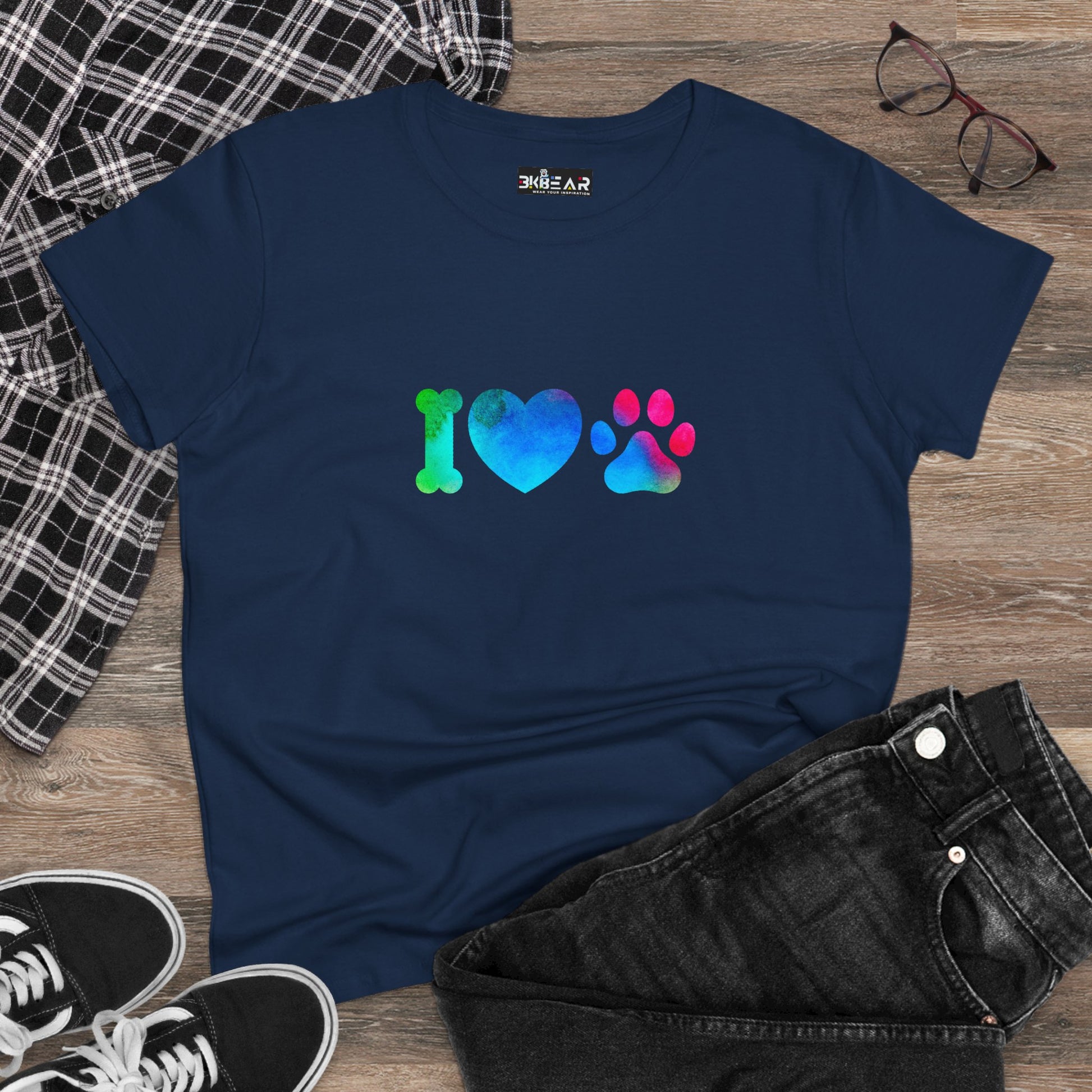Navy blue I heart paws shirt with colorful bone heart and paw print graphic on front