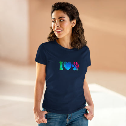 Woman wearing navy blue I heart paws shirt with colorful bone heart and paw print design