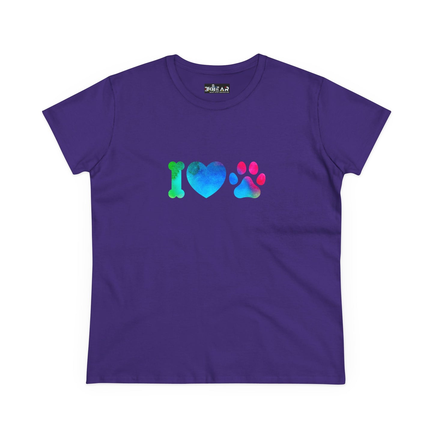 Purple Printify t-shirt with colorful I heart paws shirt design featuring a bone, heart, and paw print