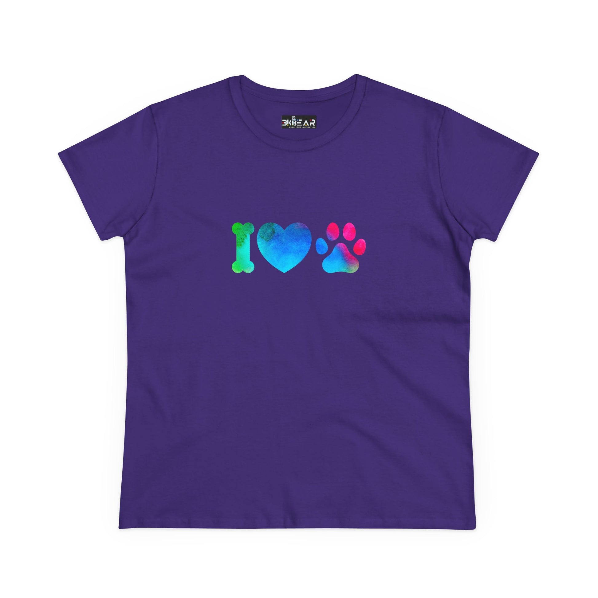 Purple Printify t-shirt with colorful I heart paws shirt design featuring a bone, heart, and paw print
