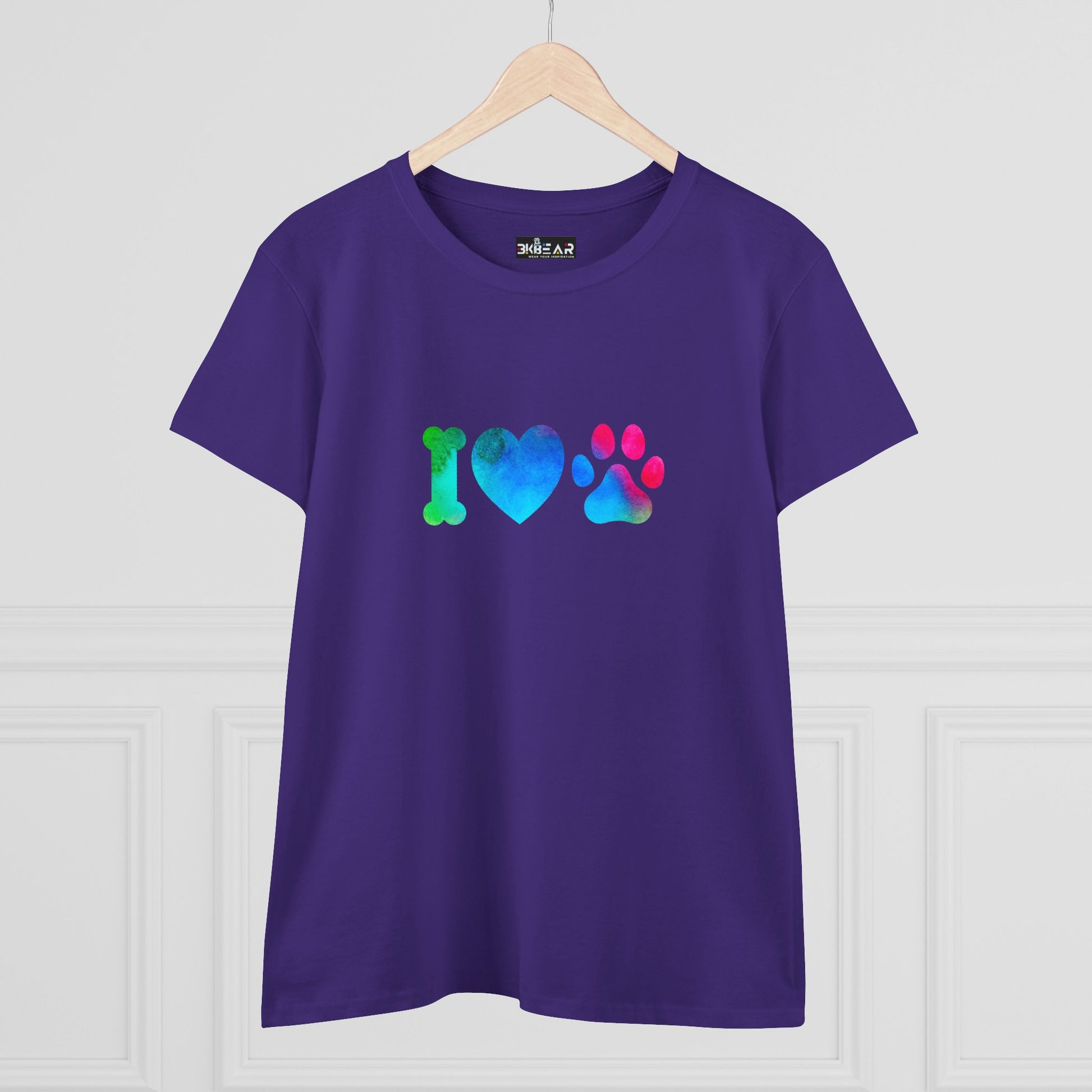 Purple t-shirt with colorful I heart paws shirt design featuring a bone heart and paw print