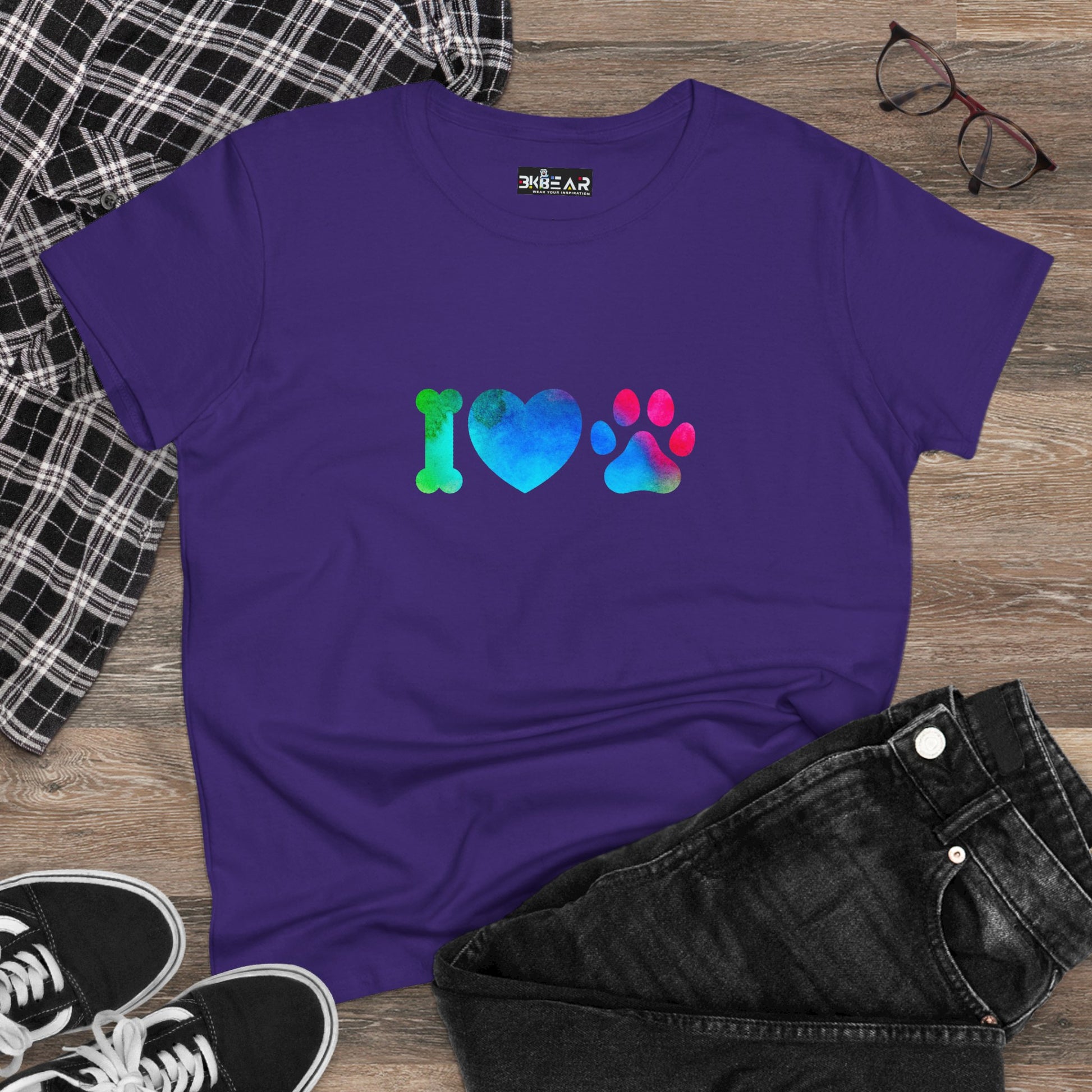 Purple I heart paws shirt with blue and green bone heart and pink paw print graphic for pet lovers