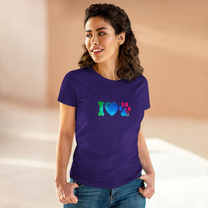 Woman wearing a purple I heart paws shirt with colorful bone, heart, and paw print design