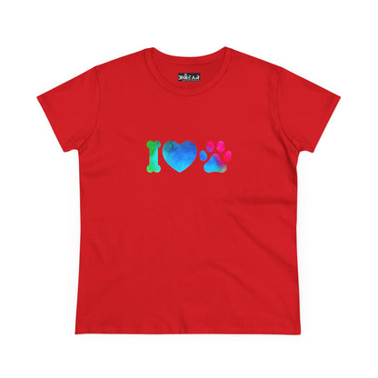 Red T-shirt with I heart paws shirt design featuring bone, heart, and paw print graphics