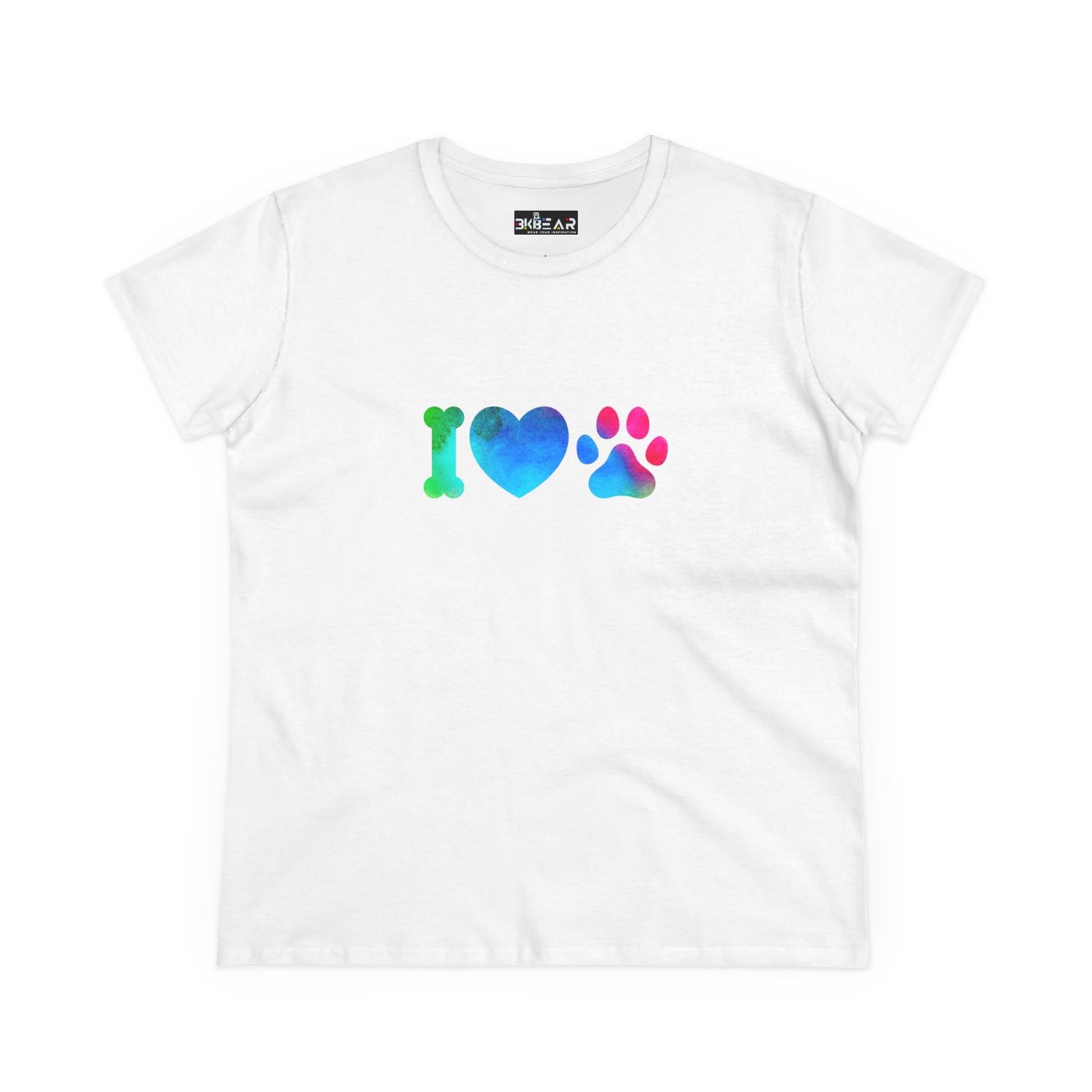 White Printify t-shirt featuring colorful I heart paws shirt design with bone, heart, and paw print