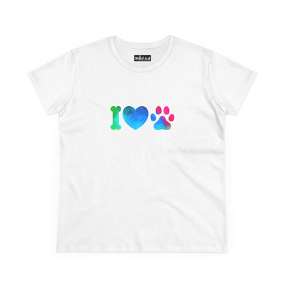 White Printify t-shirt featuring colorful I heart paws shirt design with bone, heart, and paw print
