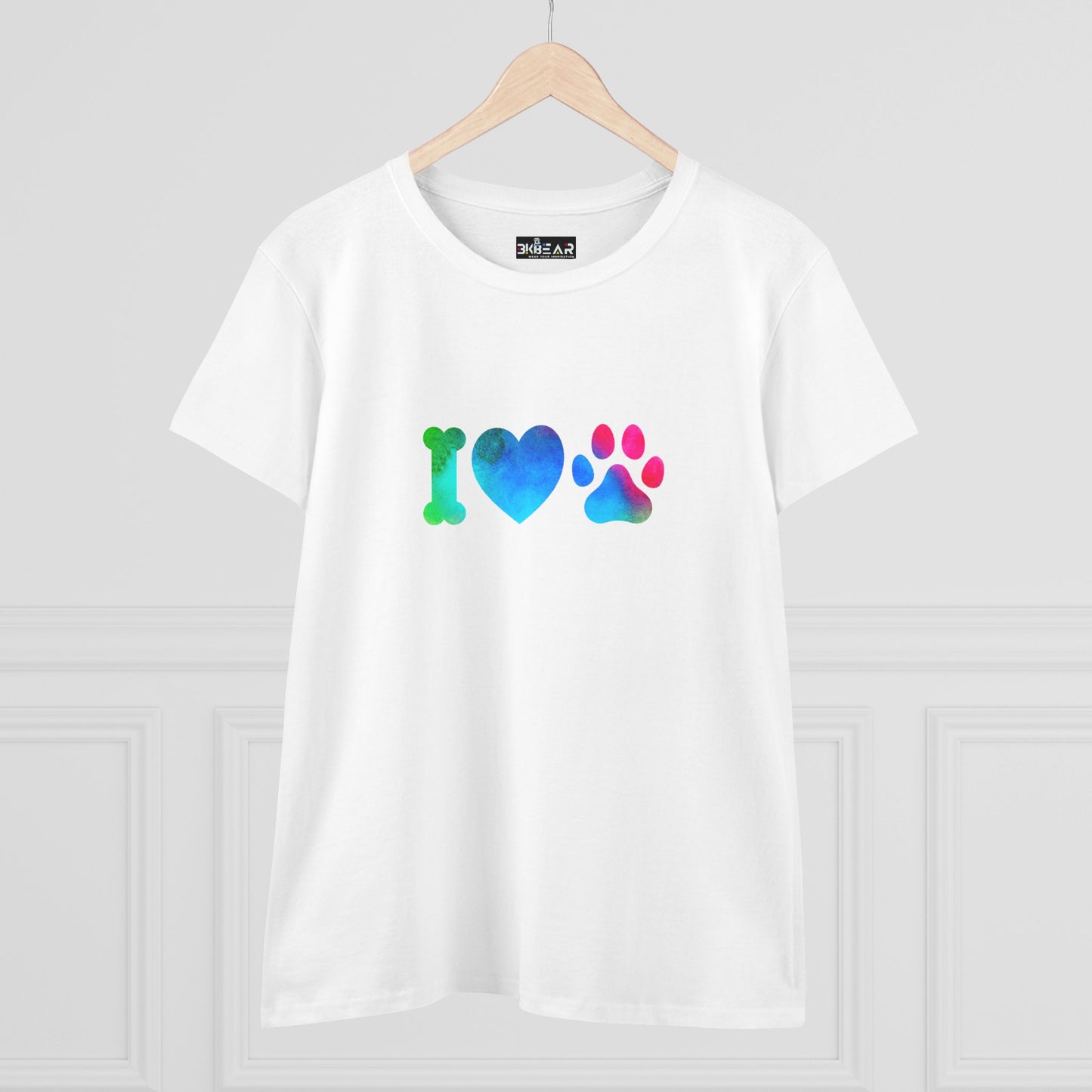 White Printify T-shirt with colorful I heart paws shirt design featuring a bone heart and paw print