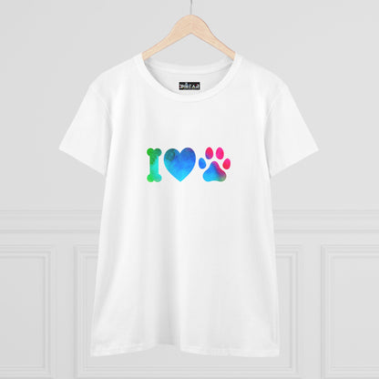 White Printify T-shirt with colorful I heart paws shirt design featuring a bone heart and paw print