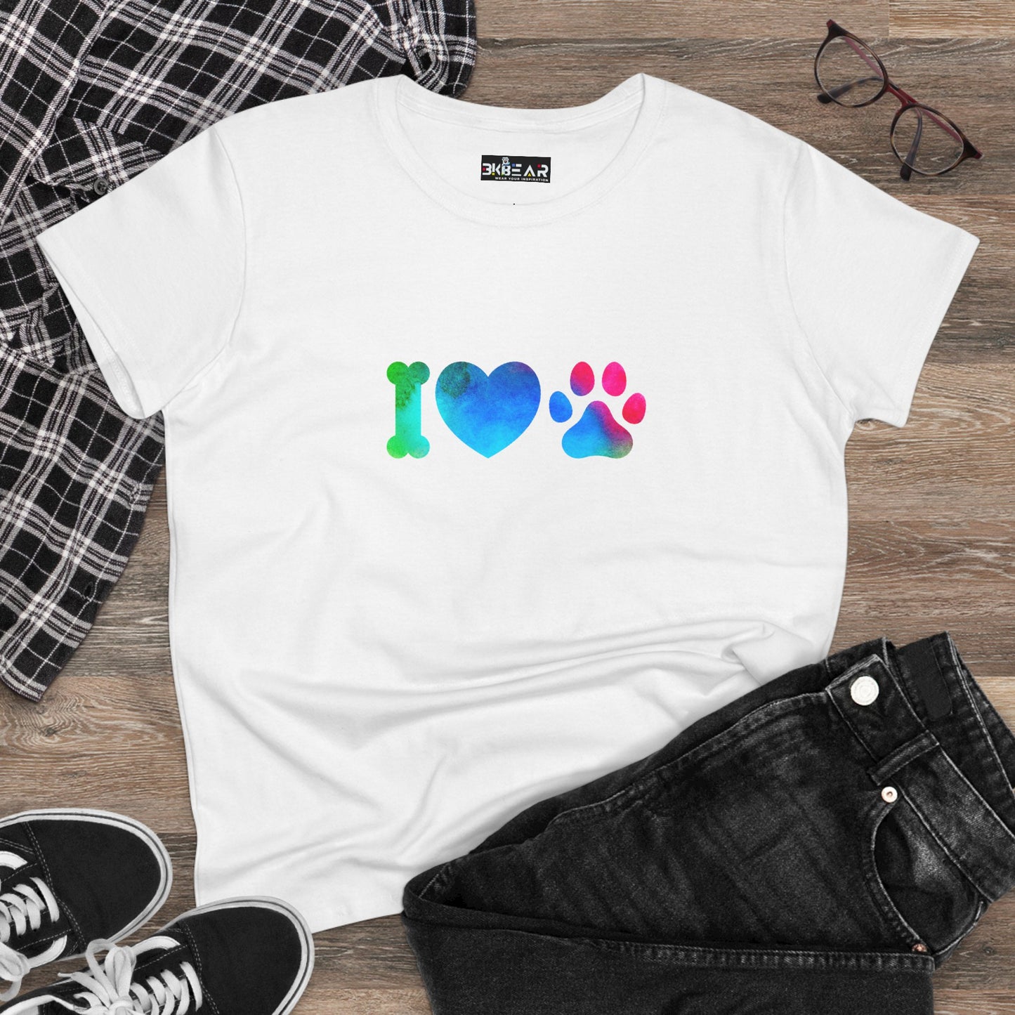 White Printify T-shirt with colorful I heart paws shirt design featuring bone heart and paw print