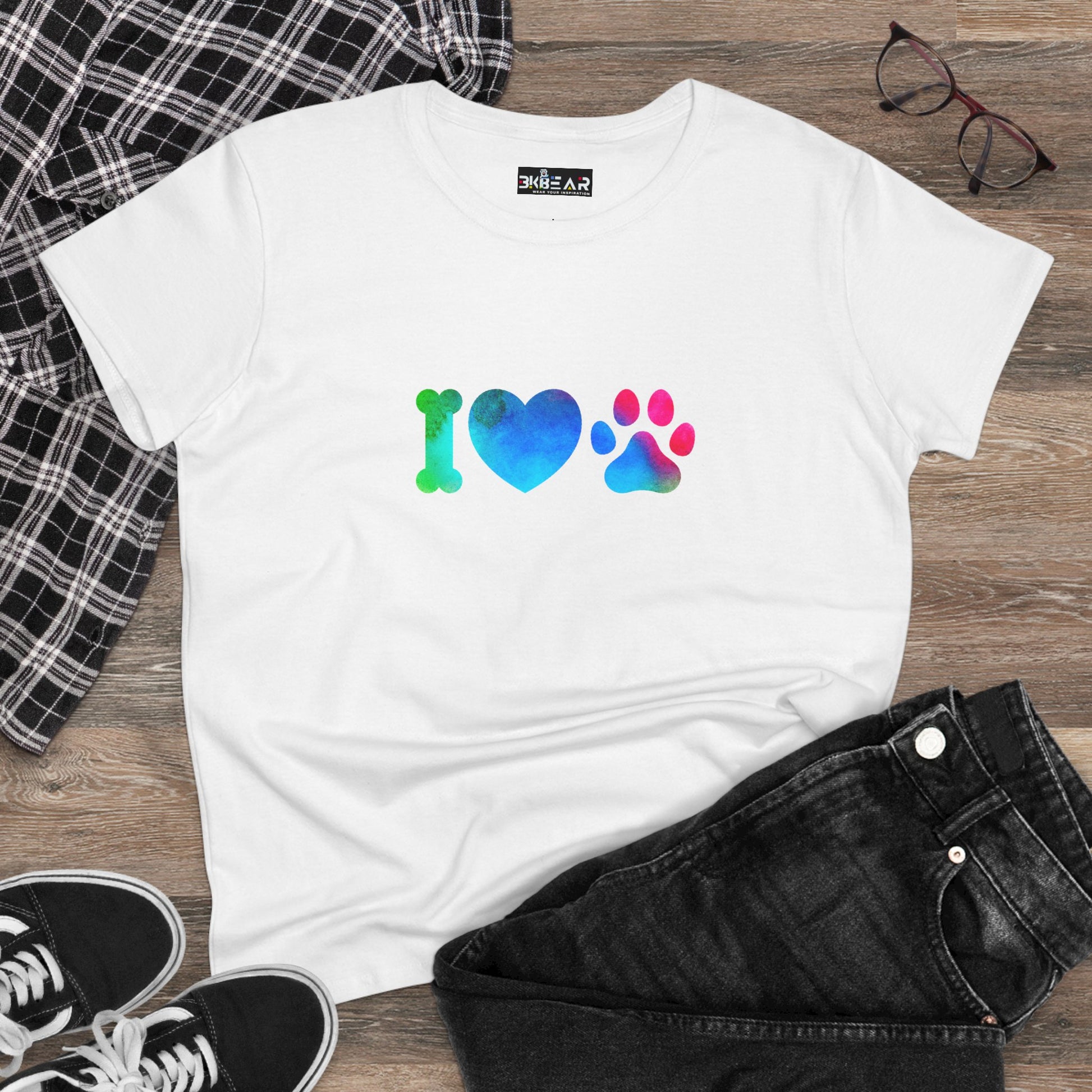 White Printify T-shirt with colorful I heart paws shirt design featuring bone heart and paw print