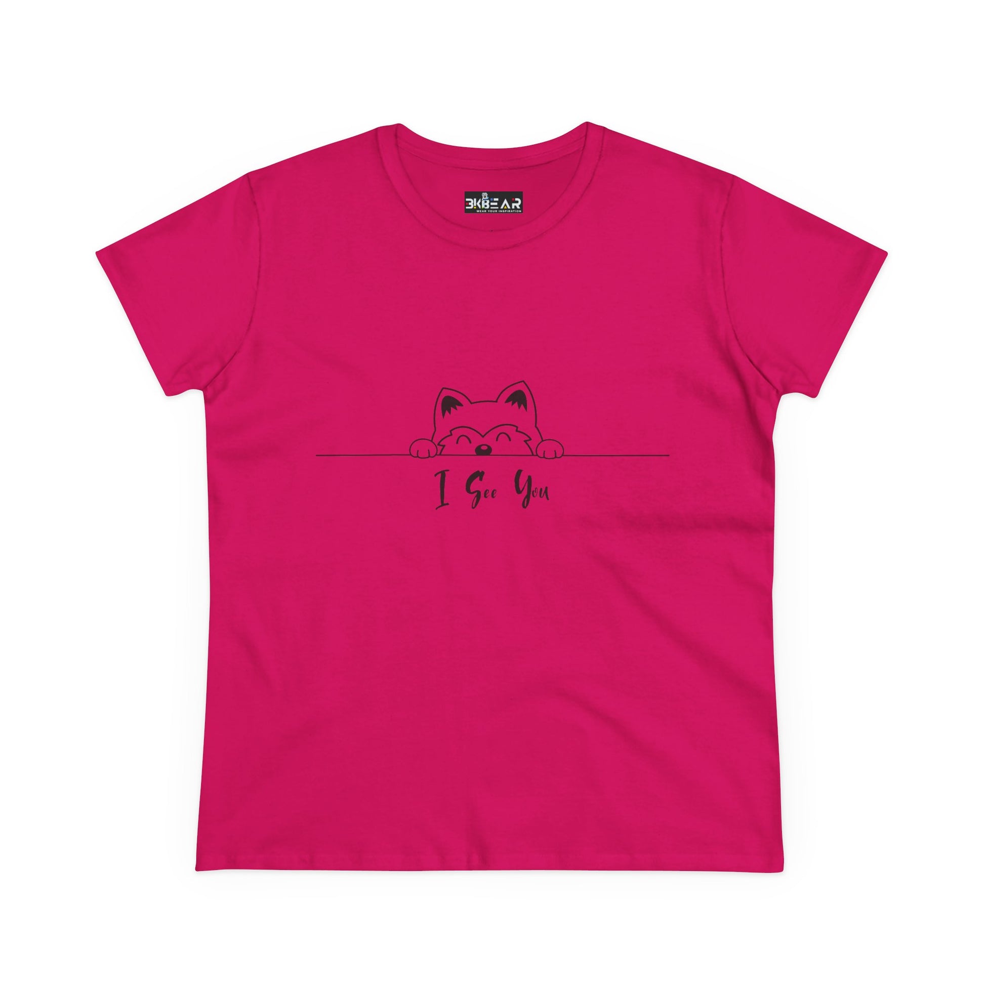 Pink Printify T-Shirt featuring a cute cat design and I See You Shirt text in black