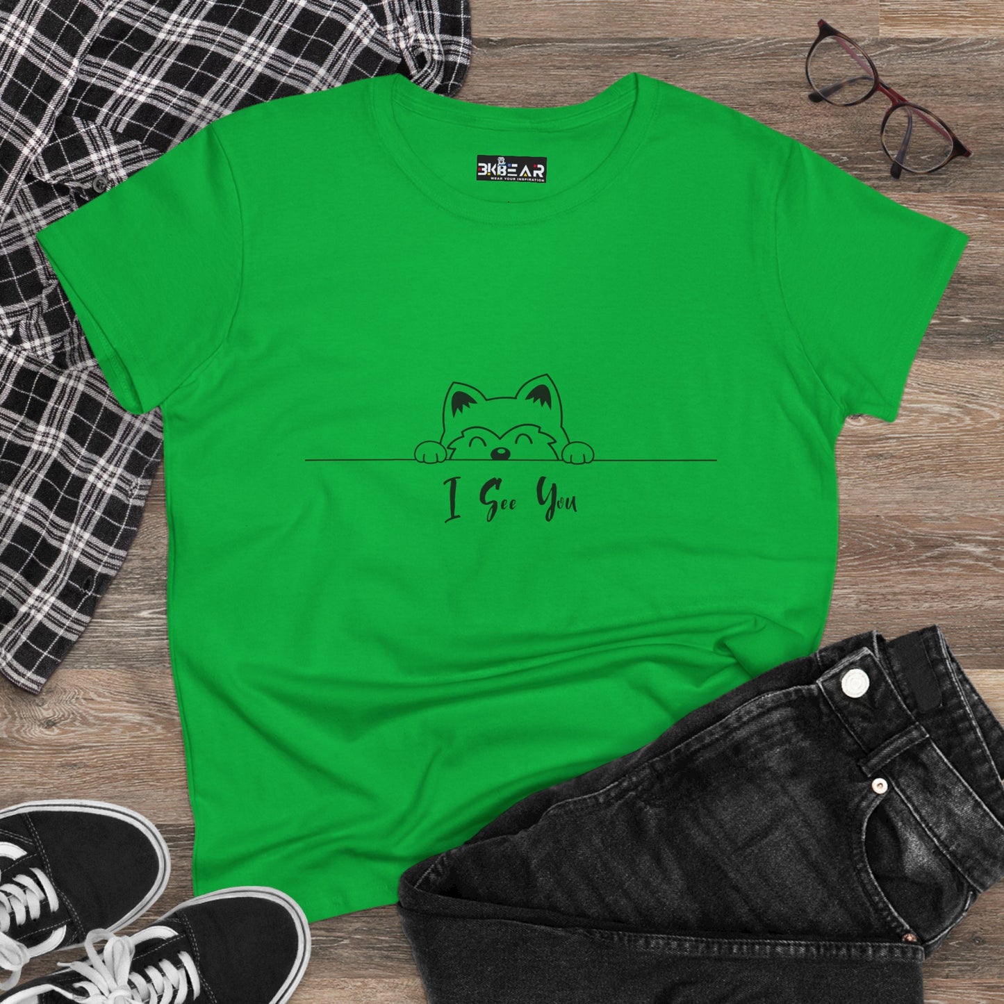 Green I See You Shirt with cute cat graphic paired with black jeans and sneakers from Printify