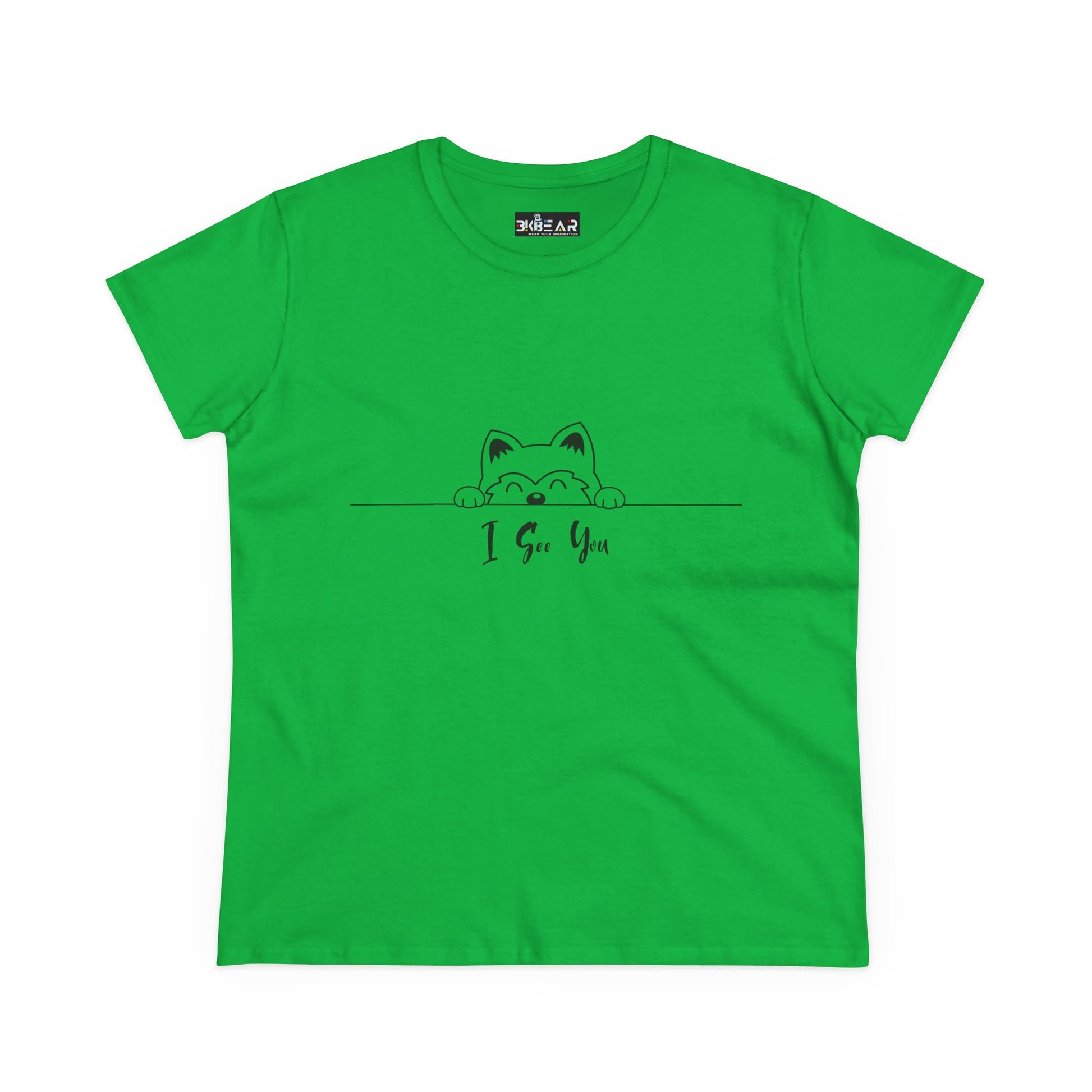 Green Printify I See You Shirt with cute cat peeking design in black print on front