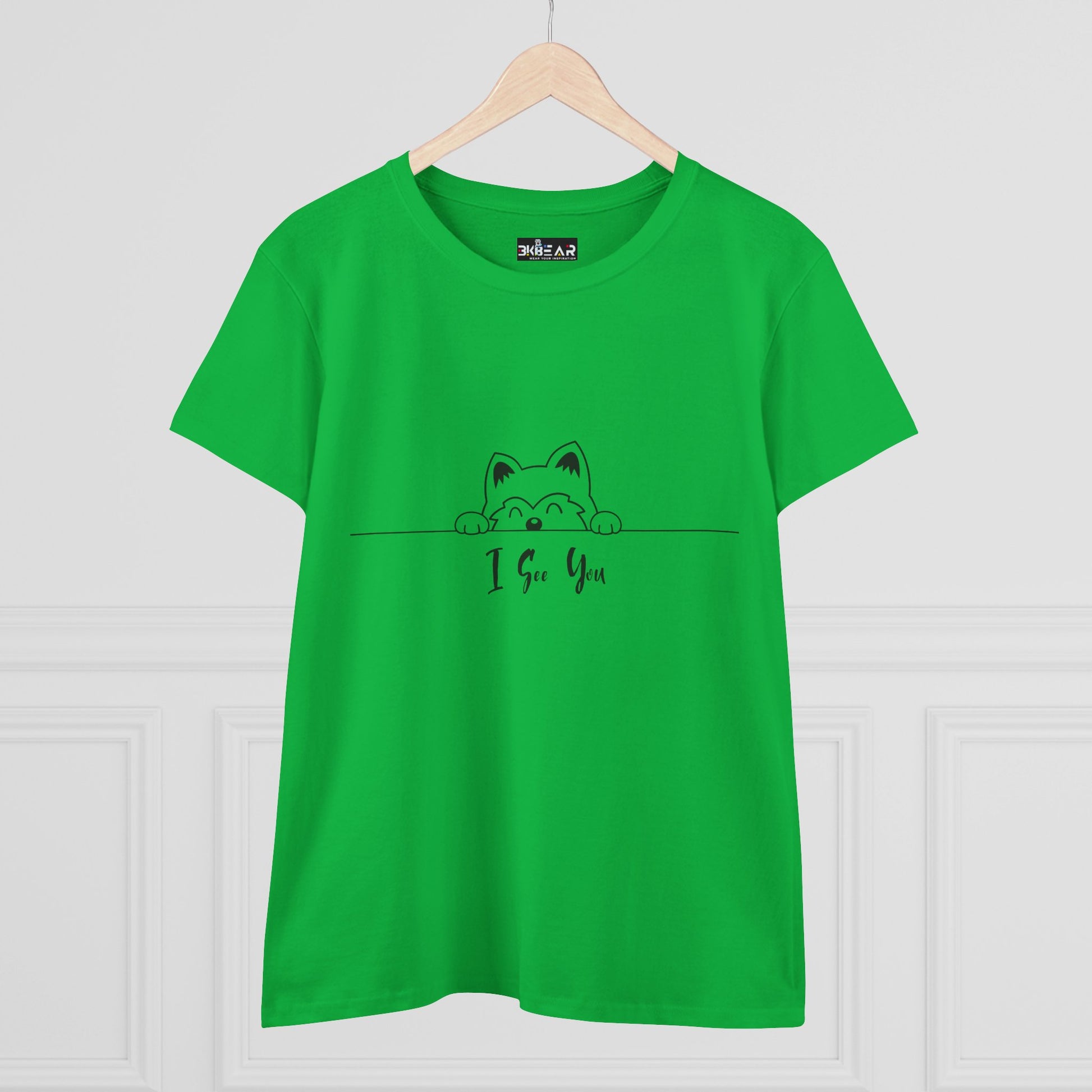 Green I See You Shirt with cute cat peeking design printed by Printify on a hanger