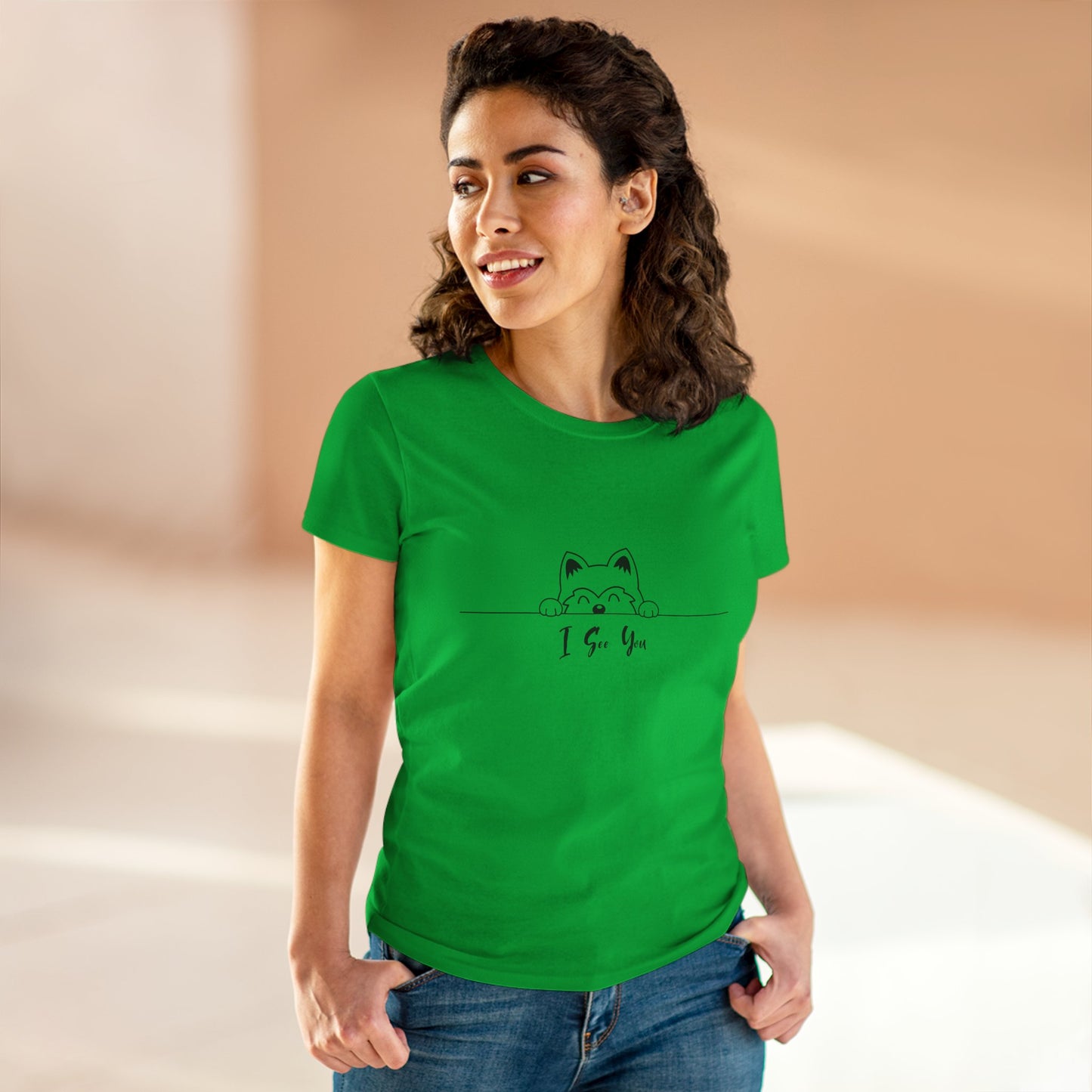 Green I See You Shirt by Printify featuring a peeking cat illustration worn by a smiling woman