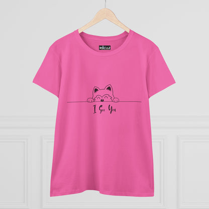 Pink I See You Shirt with cute cartoon cat peeking design on front by Printify