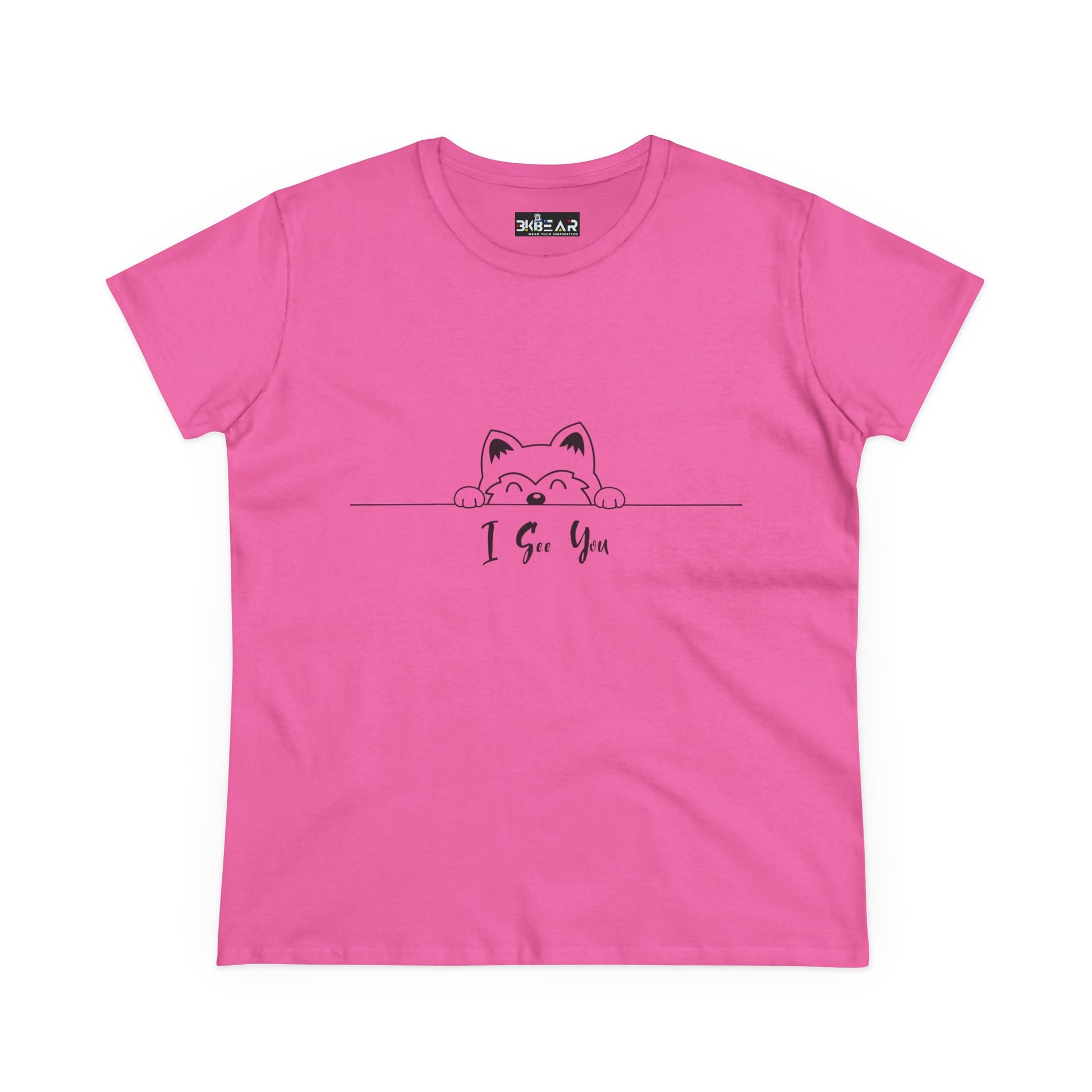 Pink I See You Shirt from Printify with cute cat peeking above text on front