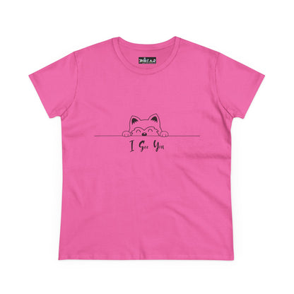 Pink I See You Shirt from Printify with cute cat peeking above text on front