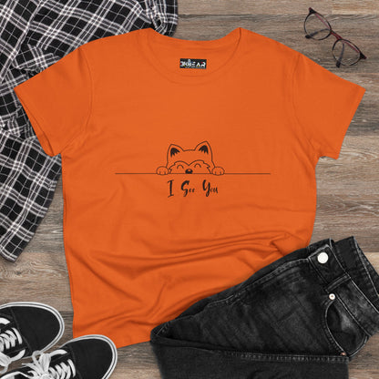 Orange I See You Shirt with cute cat peeking design by Printify, styled with black jeans and sneakers