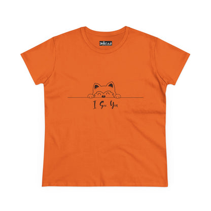 Orange Printify T-Shirt featuring a playful cat design with I See You Shirt text